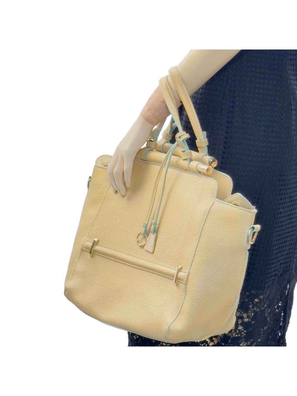 MELLOW WORLD Handbag Satchel Crossbody Beige Pebble Gold-tone Accents Handles